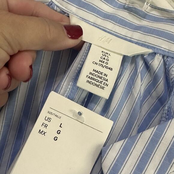 H&M Oversized Tie Detail Dress L Blue Stripe Cotton Long Sleeve Trendy Party NEW - Picture 5 of 10